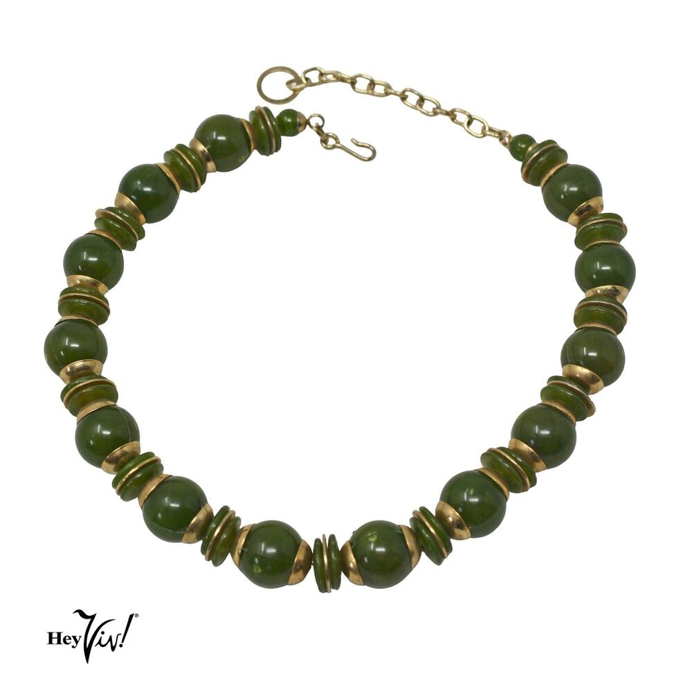 Vintage Olive Green Chunky Bead Necklace Gold Tone 17" Retro Statement - Hey Viv
